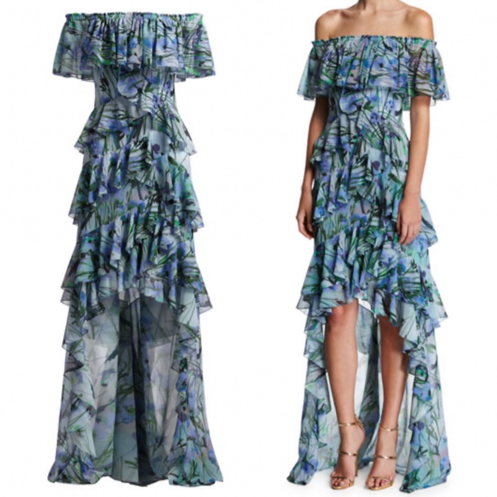 Badgley Mischka Blue Multi Floral Printed High Low Maxi Dress in Size 18